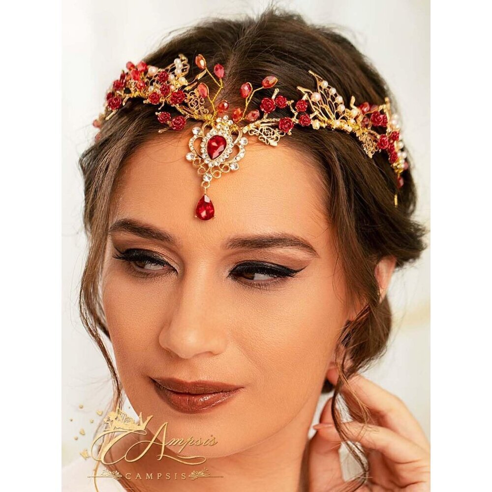 Red Fairy Headband Rhinestone Elf Headpiece for Women Renaissance Costume - Picture 4 of 7